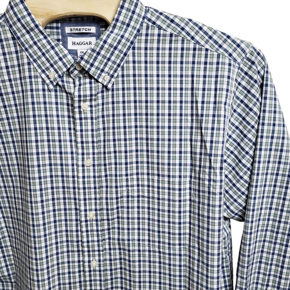 Haggar Mens XXL Stretch Gingham Plaid Button Down Shirt Long‎ Sleeve Preppy
